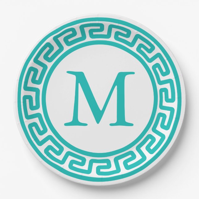 Turquoise Round Greek Key Border Monogram Paper Plates (Front)