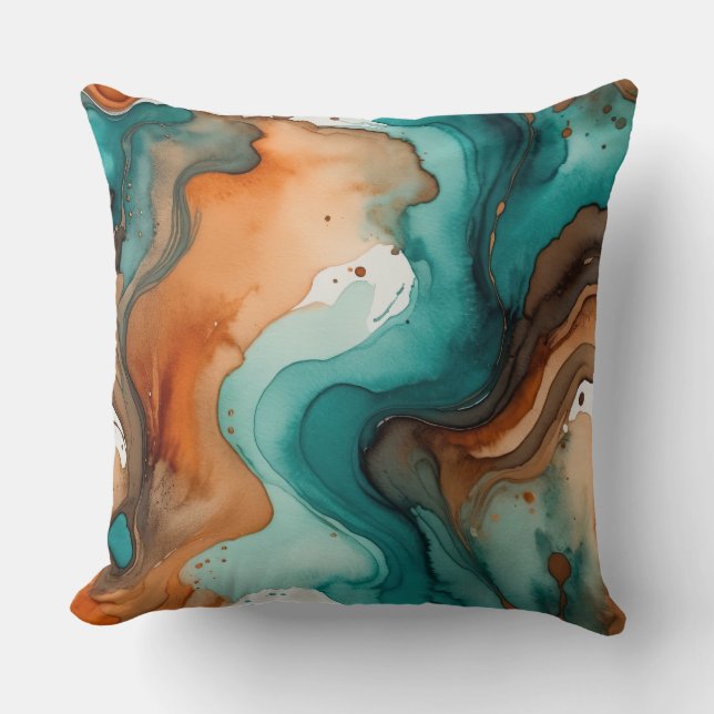 Turquoise, rust and black watercolor abstract throw pillow (Front)