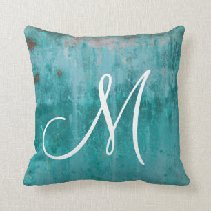 Turquoise Rust Monogram Throw Pillow