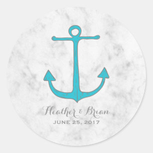Turquoise Rustic Anchor Wedding Classic Round Sticker