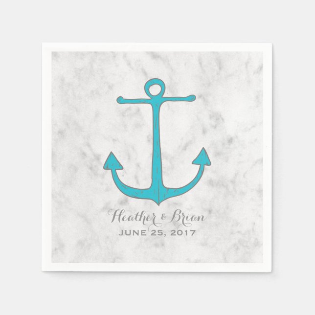 Turquoise Rustic Anchor Wedding Paper Napkins (Front)