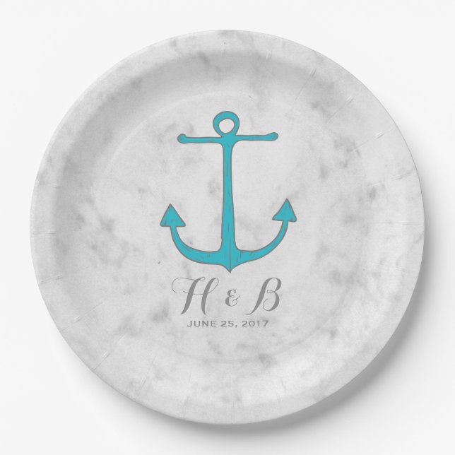 Turquoise Rustic Anchor Wedding Paper Plates (Front)