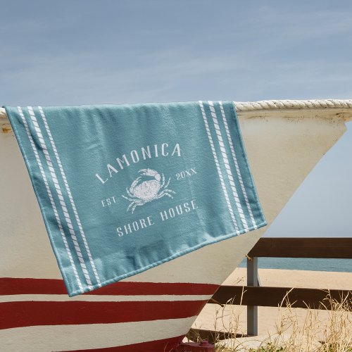 Turquoise Rustic Crab Personalized Shore House Beach Towel