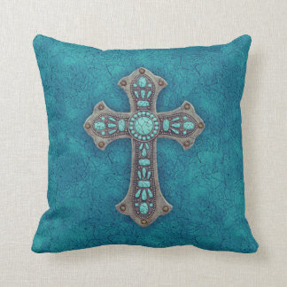 Turquoise Rustic Cross Throw Pillow