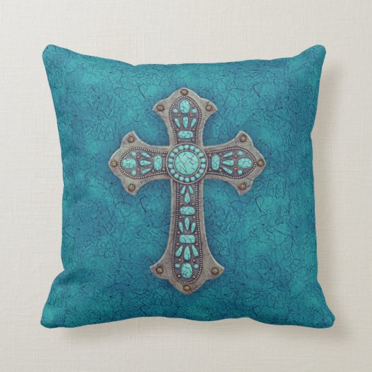 Turquoise Rustic Cross Throw Pillow