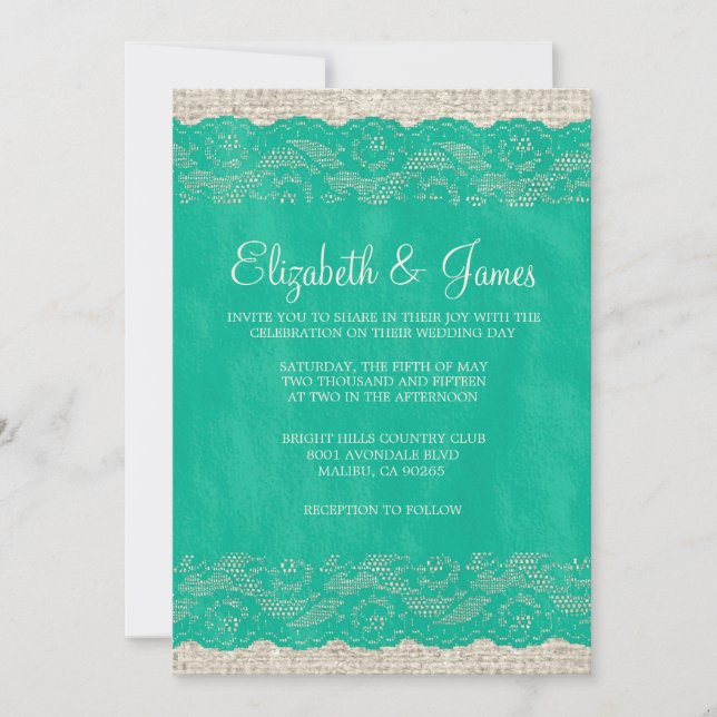 Turquoise Rustic Lace Wedding Invitations (Front)