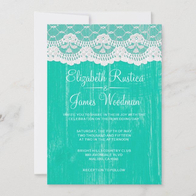 Turquoise Rustic Lace Wood Wedding Invitations (Front)