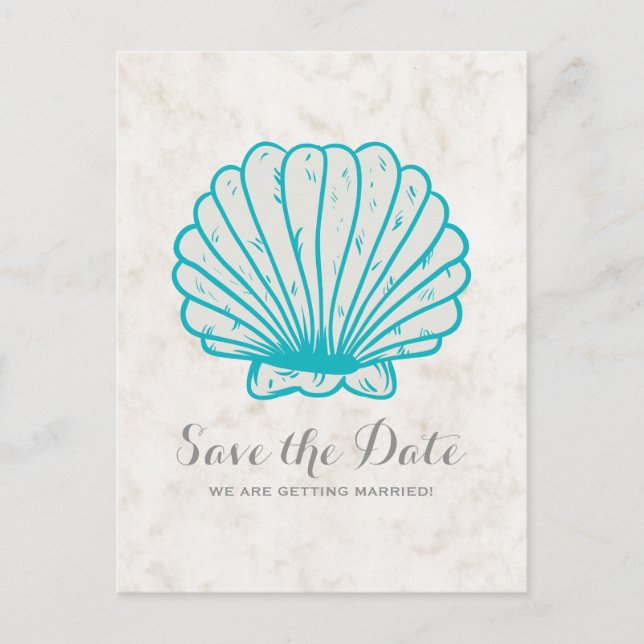 Turquoise Rustic Seashell Save the Date Postcard (Front)