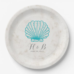 Turquoise Rustic Seashell Wedding Paper Plates
