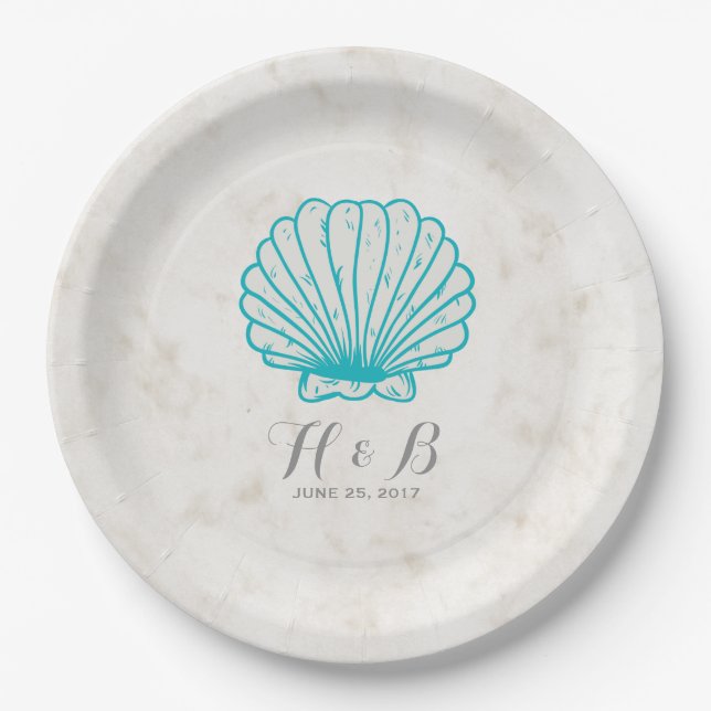 Turquoise Rustic Seashell Wedding Paper Plates (Front)