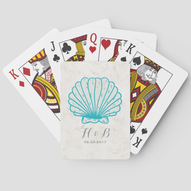 Turquoise Rustic Seashell Wedding Poker Cards (Back)
