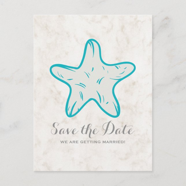 Turquoise Rustic Starfish Save the Date Postcard (Front)