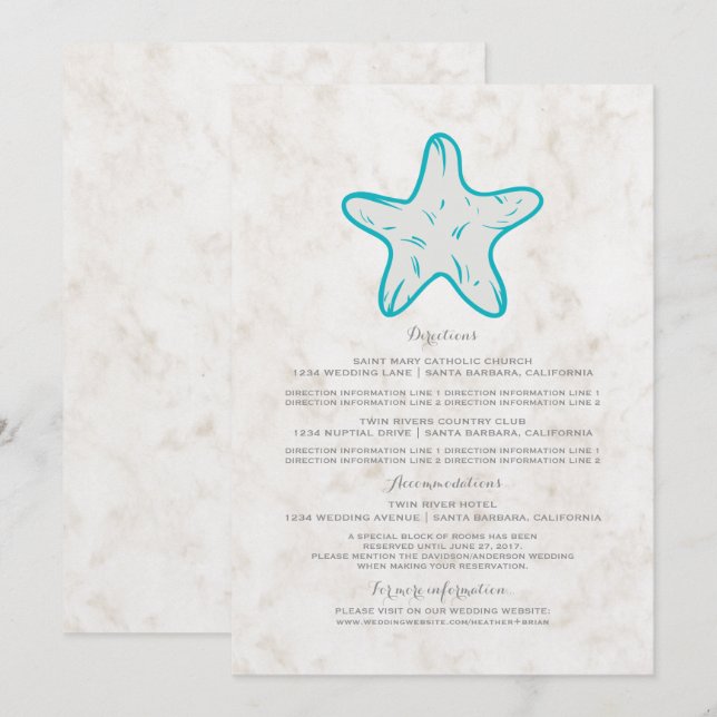 Turquoise Rustic Starfish Wedding Information Invitation (Front/Back)