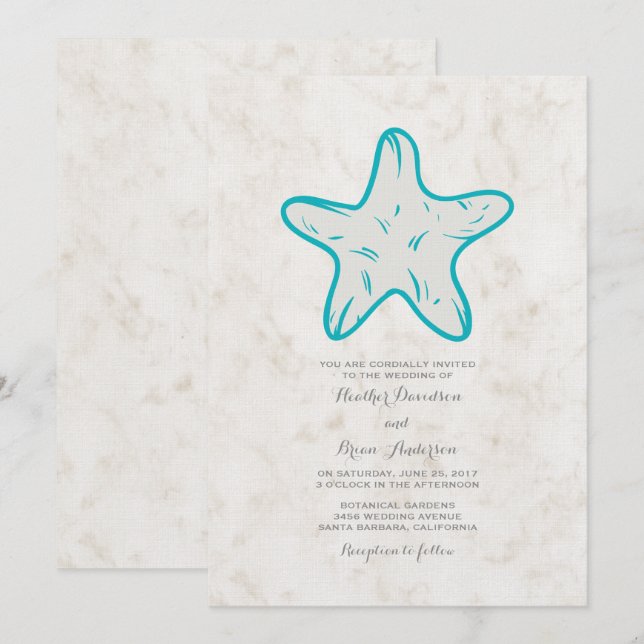 Turquoise Rustic Starfish Wedding Invite (Front/Back)