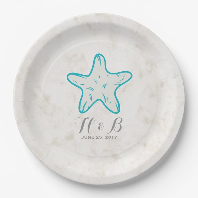 Turquoise Rustic Starfish Wedding Paper Plates (Front)