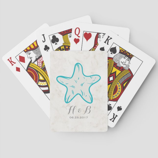 Turquoise Rustic Starfish Wedding Poker Cards (Back)