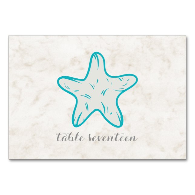 Turquoise Rustic Starfish Wedding Table Number (Front)