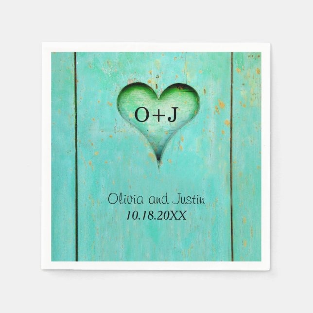 Turquoise Rustic Wood Monogrammed Heart Paper Napkins (Front)