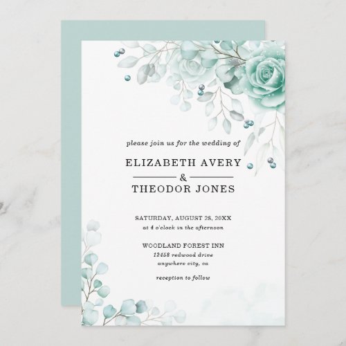 Turquoise sage greens Floral Wedding Invitation