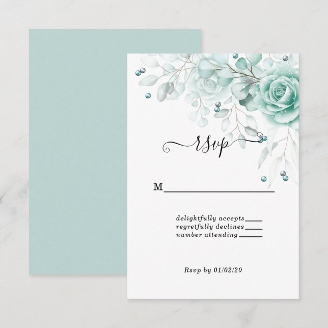 Turquoise sage greens Floral Wedding RSVP Card (Front/Back)