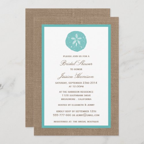 Turquoise Sand Dollar Beach Burlap Bridal Shower Invitation