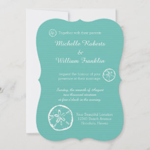 Turquoise sand dollar beach wedding invitations
