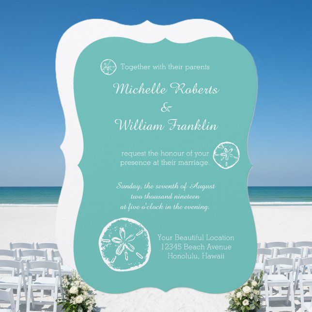 Turquoise sand dollar beach wedding invitations (turquoise blue beach wedding invitations with sand dollar design)