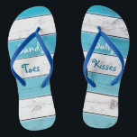 Turquoise Sandy Toes Salty Kisses Flip Flops<br><div class="desc">These cute flip flops are accented with the saying,  "Sandy Toes Salty Kisses" on a turquoise and white striped background,  making them a perfect wedding accessory for the bride or wedding favor for the tropical,  beach,  nautical or destination wedding. Scroll down to see the coordinating tank top.</div>