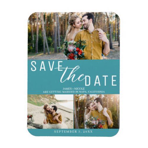 Turquoise Save the Date Wedding 3 Photos Magnet