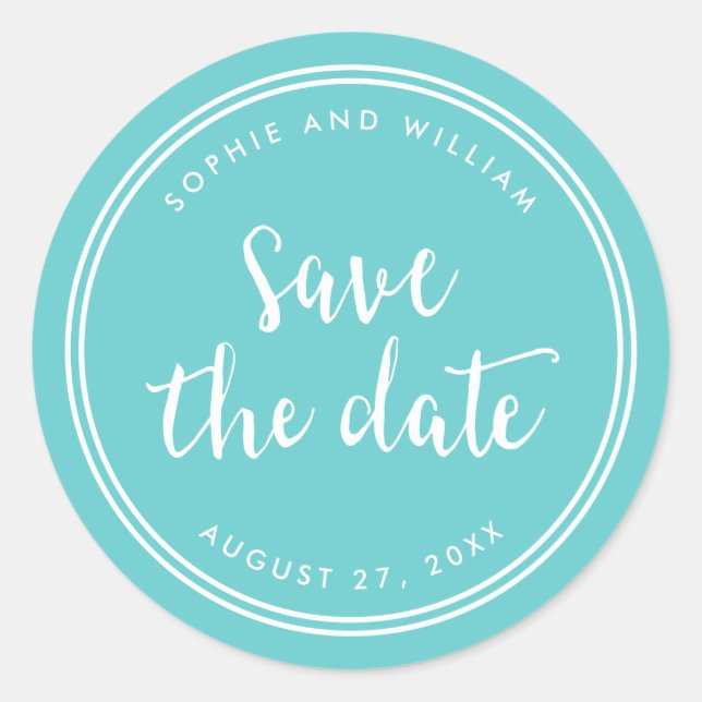 Turquoise Script and White Stripes Save the Date Classic Round Sticker (Front)