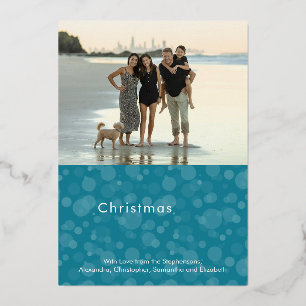 Turquoise Script Bokeh Merry Christmas Photo Foil Holiday Card