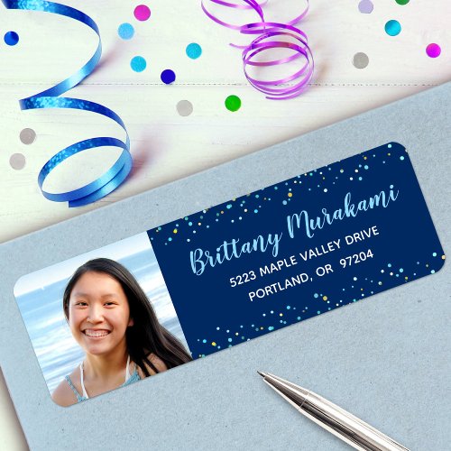 Turquoise script navy graduation photo address label