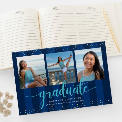 Turquoise script on navy graduation photo collage guest book