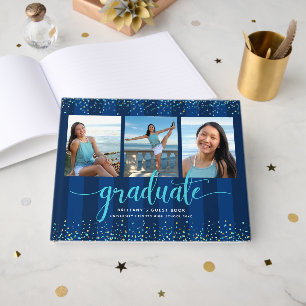 Turquoise script on navy graduation photo collage guest book