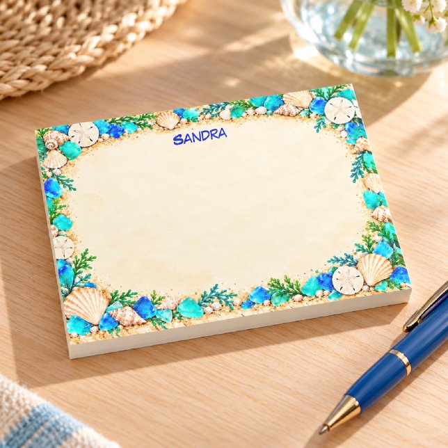 Turquoise Sea Glass & Seashell Beach Border Post-it Notes (Creator Uploaded)