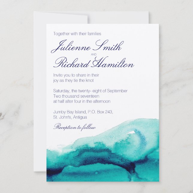 Turquoise Sea Teal Watercolor Wedding Invitation (Front)