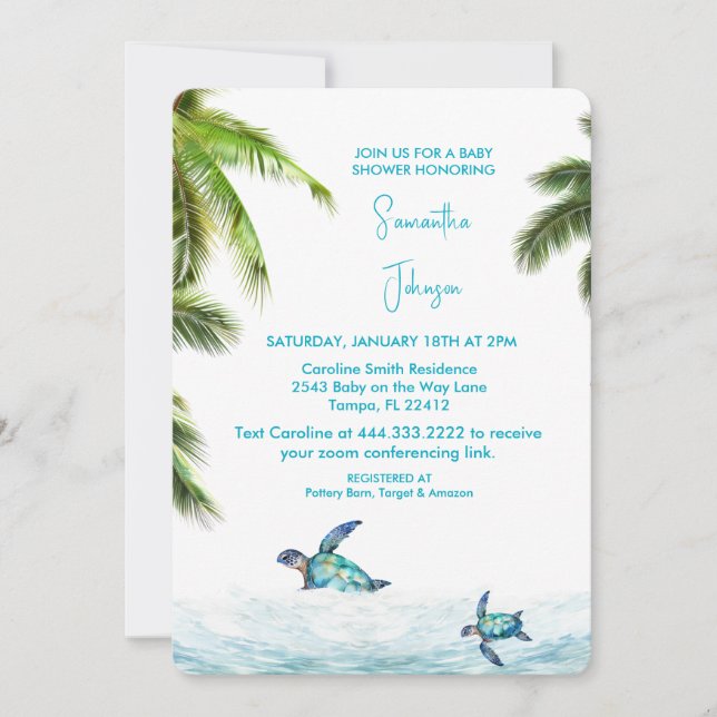 Turquoise Sea Turtle Tropical Baby Shower Invitation (Front)
