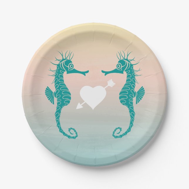 Turquoise Seahorse Blue Peach Beach Wedding Love Paper Plates (Front)