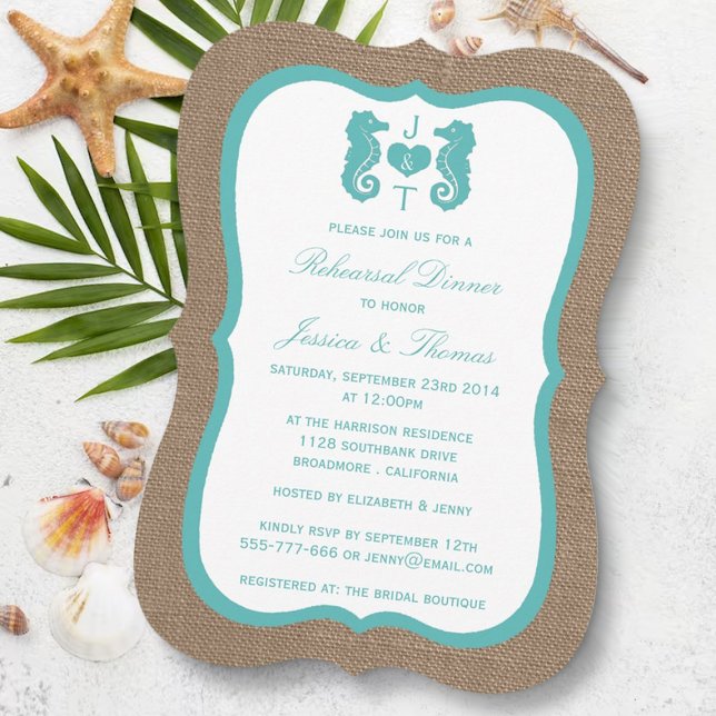 Turquoise Seahorse Burlap Beach Rehearsal Dinner Invitation (Creator Uploaded)