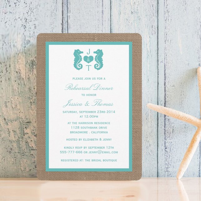 Turquoise Seahorse Burlap Beach Rehearsal Dinner Invitation (Creator Uploaded)