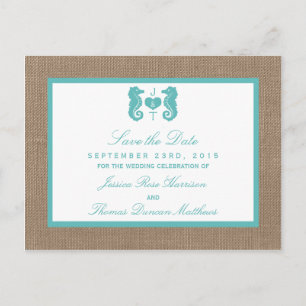 Turquoise Seahorse Burlap Beach Wedding Collection Announcement Postcard
