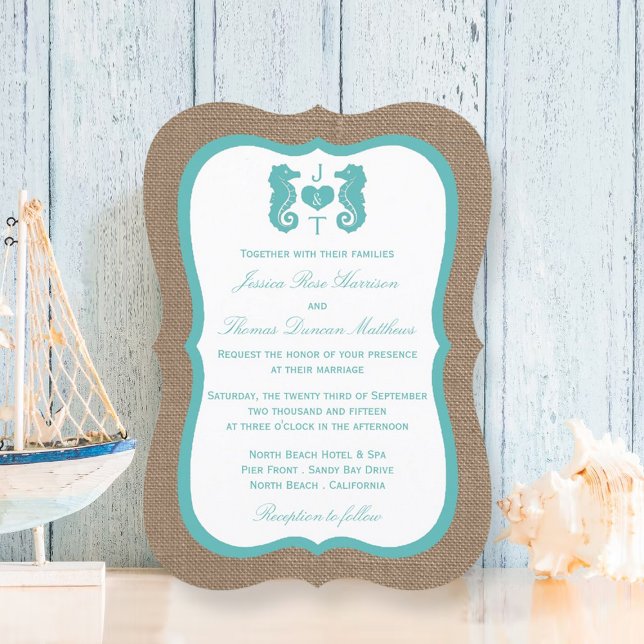 Turquoise Seahorse Burlap Beach Wedding Collection Invitation (Creator Uploaded)