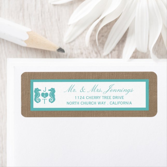 Turquoise Seahorse Burlap Beach Wedding Collection Label (Insitu)