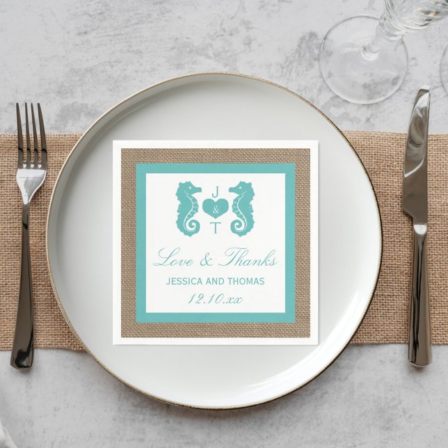 Turquoise Seahorse Burlap Beach Wedding Collection Napkins (Creator Uploaded)