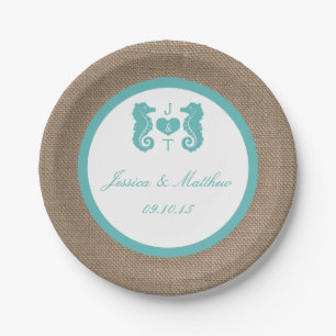 Turquoise Seahorse Burlap Beach Wedding Collection Paper Plates