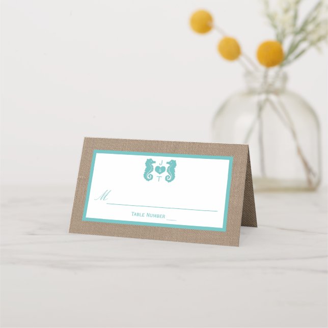 Turquoise Seahorse Burlap Beach Wedding Collection Place Card (Front)