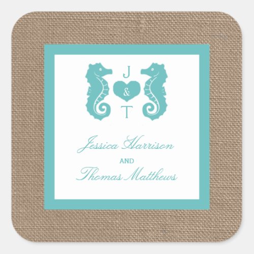 Turquoise Seahorse Burlap Beach Wedding Collection Square Sticker