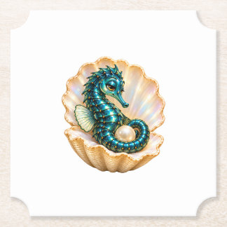Turquoise Seahorse in Pearl Shell Ocean Party Pape Paper Coaster