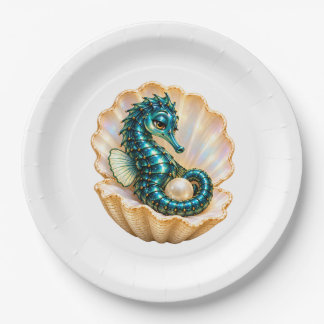 Turquoise Seahorse in Pearl Shell Ocean Party Pape Paper Plates