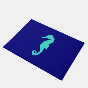 Turquoise Seahorse On Navy Blue Coastal Decor Doormat